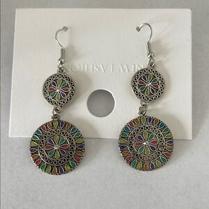 Colorful Mandala Drop Earrings Silver Tone‎